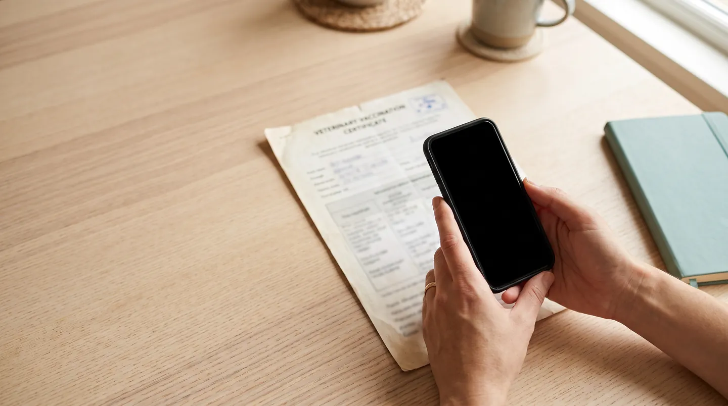 A phone held above a paper veterinary vaccination certificate on a kitchen table, about to photograph it.