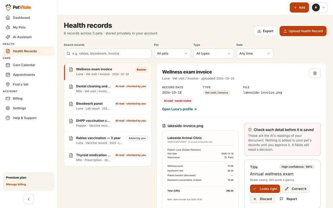 A vet invoice beside the details PetVitale AI read from it, each with a confidence score and waiting for approval